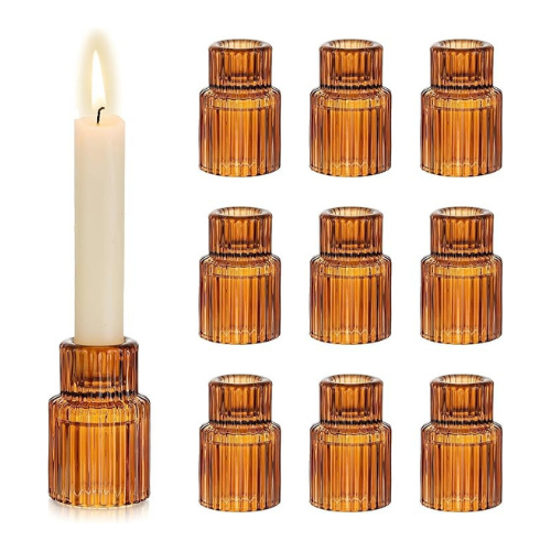 Amber Ribbed Glass Taper Candle Holders